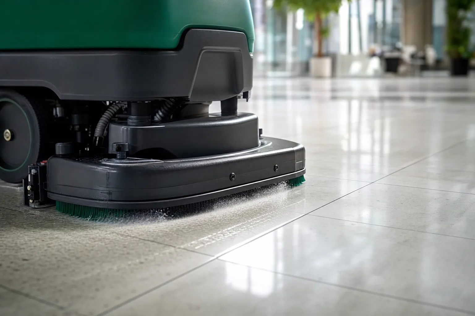 Floor scrubbing machine restoring shine to large porcelain tiles