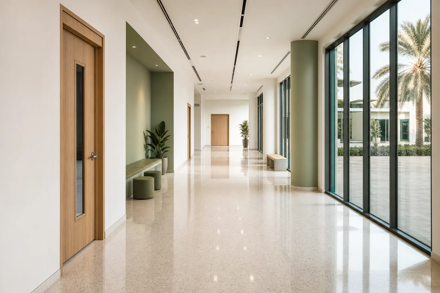 Freshly cleaned, sunlit school corridor with reflective terrazzo floor