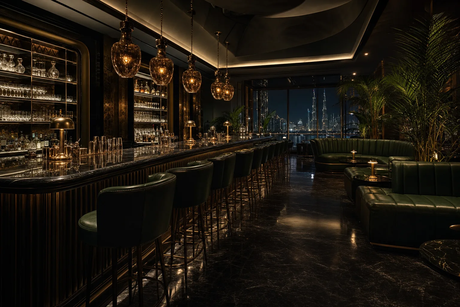 Upscale bar interior gleaming after an overnight clean